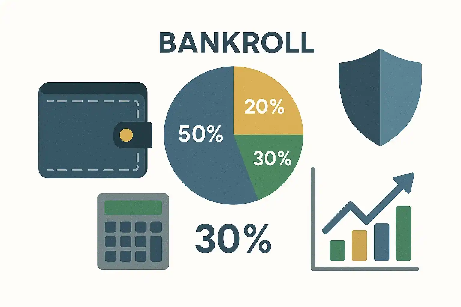 Portemonnee met percentage indicatoren voor inzetverdeling en cirkeldiagram met bankroll segmenten