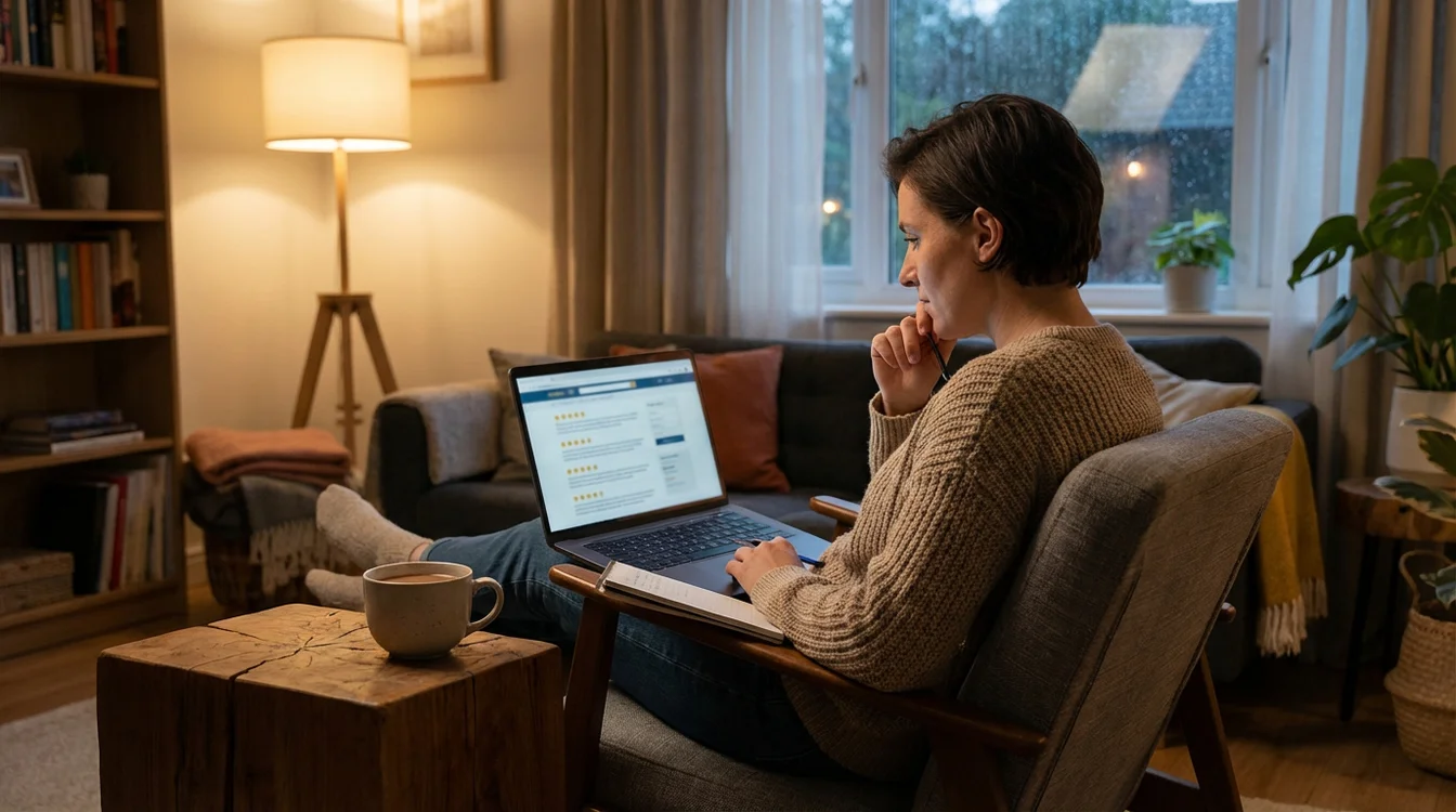 Persoon leest online reviews op een laptop in een thuisomgeving