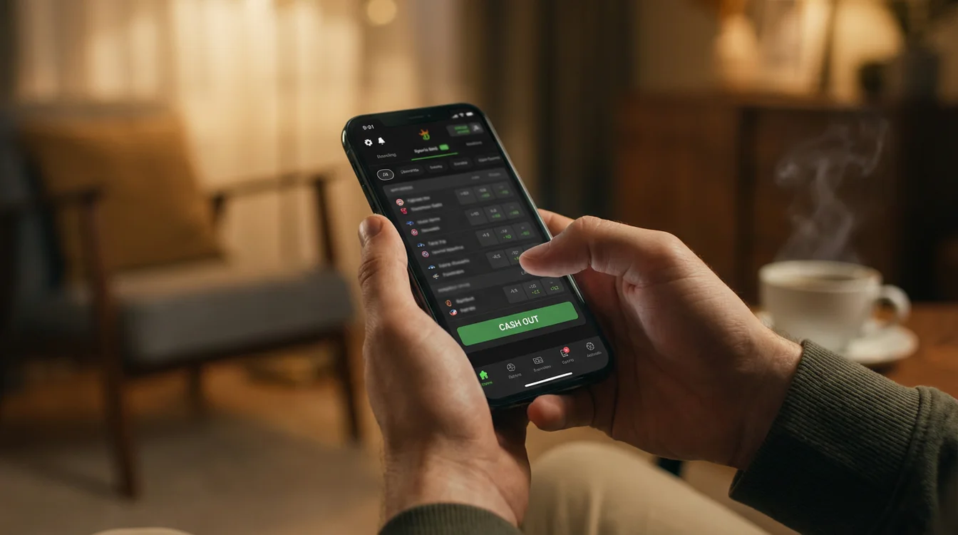 Persoon bekijkt sportweddenschap app op smartphone