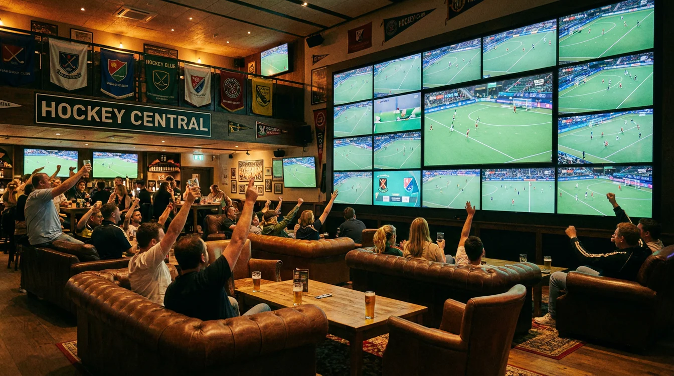 Meerdere hockeywedstrijden tegelijk op televisie in een sportbar