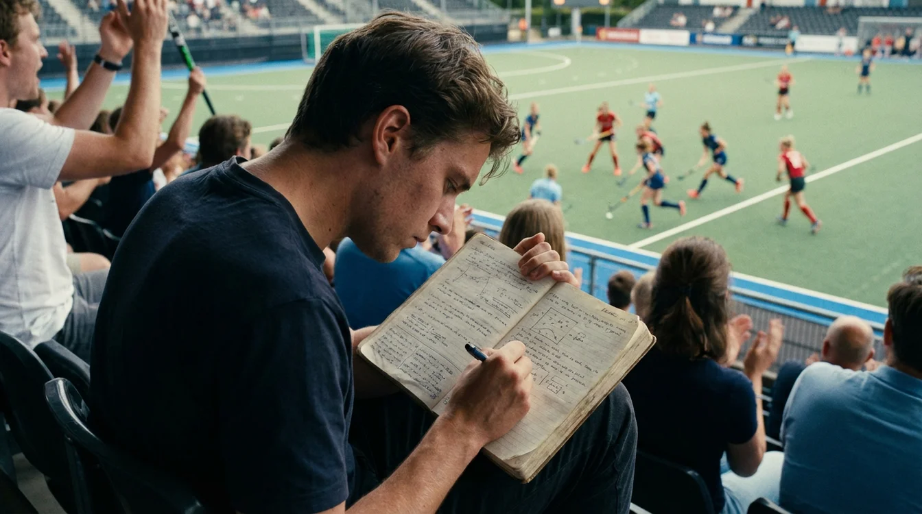 Persoon maakt aantekeningen tijdens het bekijken van een hockeywedstrijd