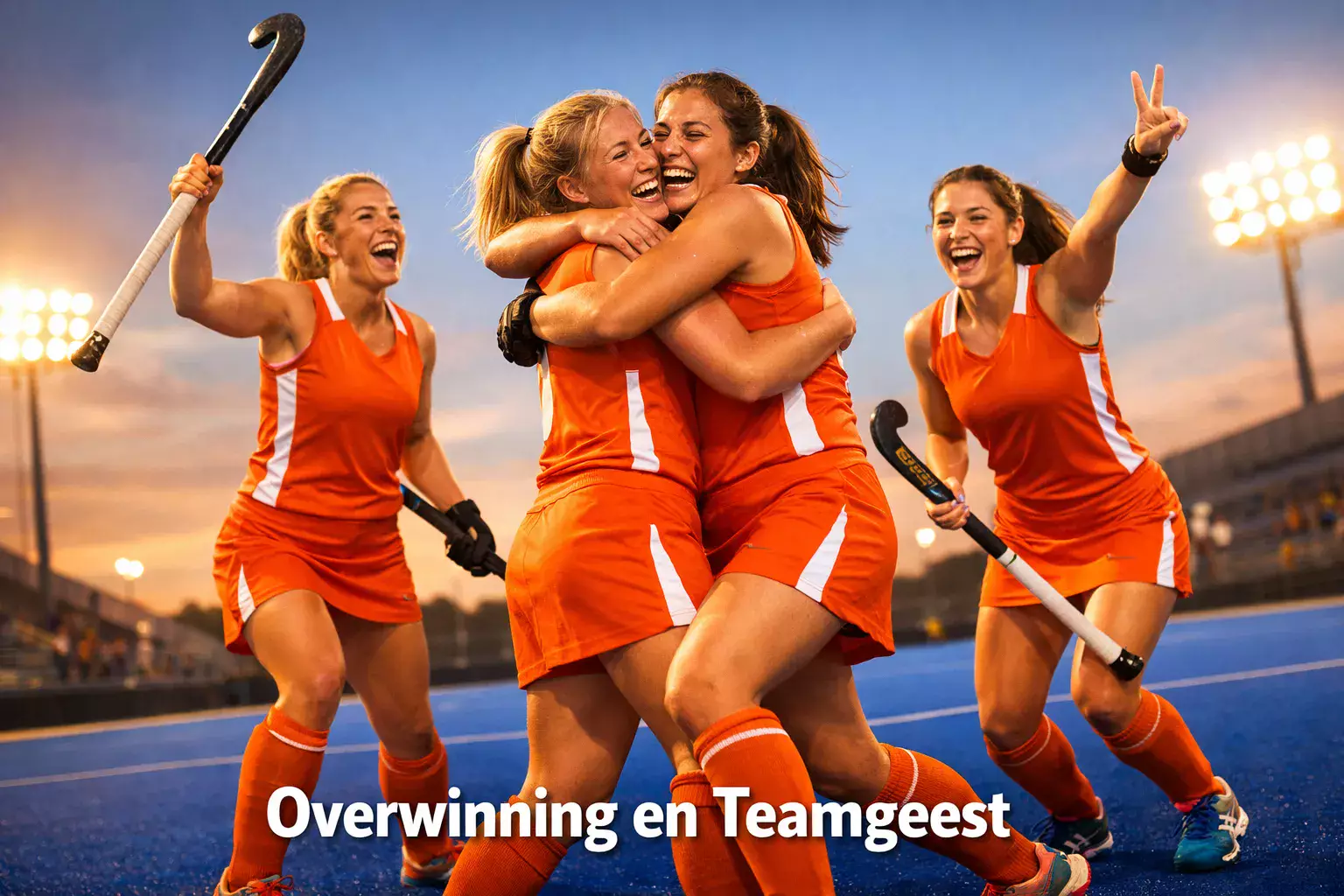 Nederlands dames hockeyteam viert een overwinning op een blauw kunstgrasveld