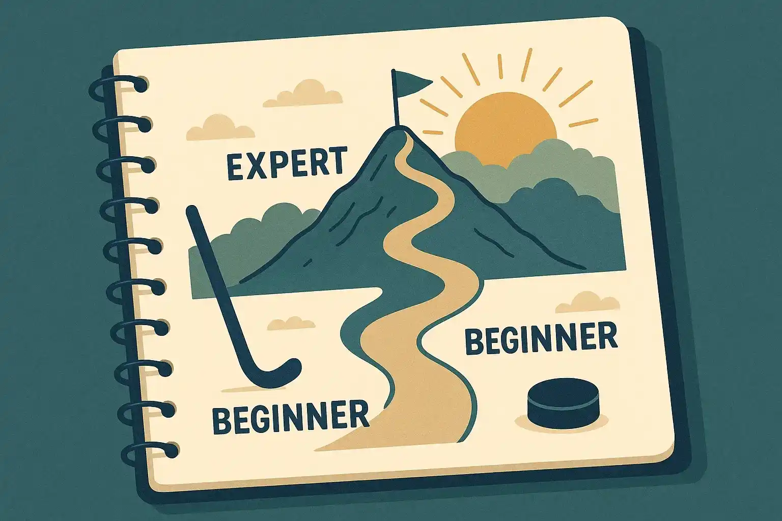 Notitieboek met weddenschap tracking grafieken en hockey focus met bergbeklimmingspad van beginner naar expert