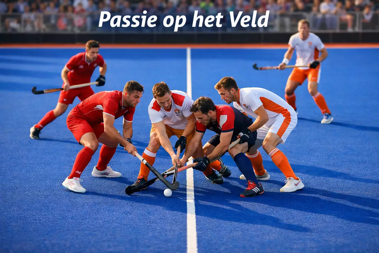 Overzicht van een veldhockeywedstrijd op blauw kunstgras met toeschouwers op de tribune