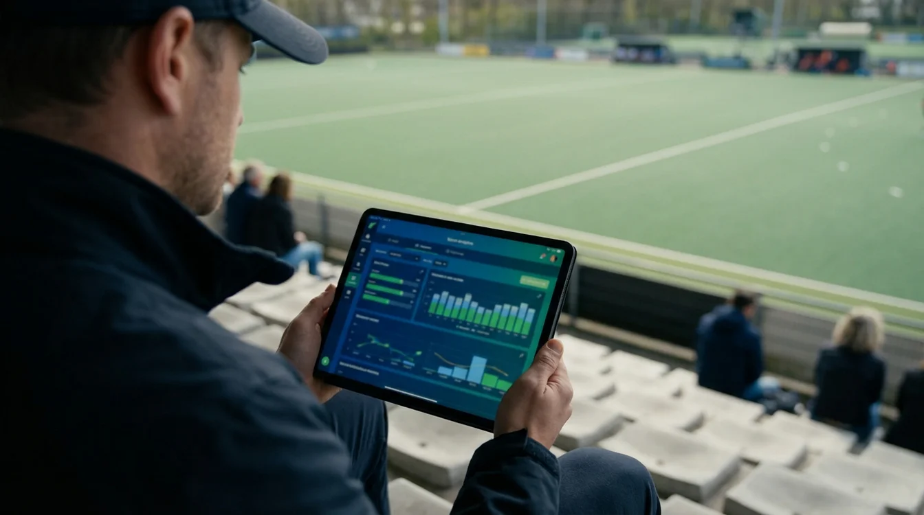 Persoon bekijkt hockeystatistieken op tablet in stadion setting