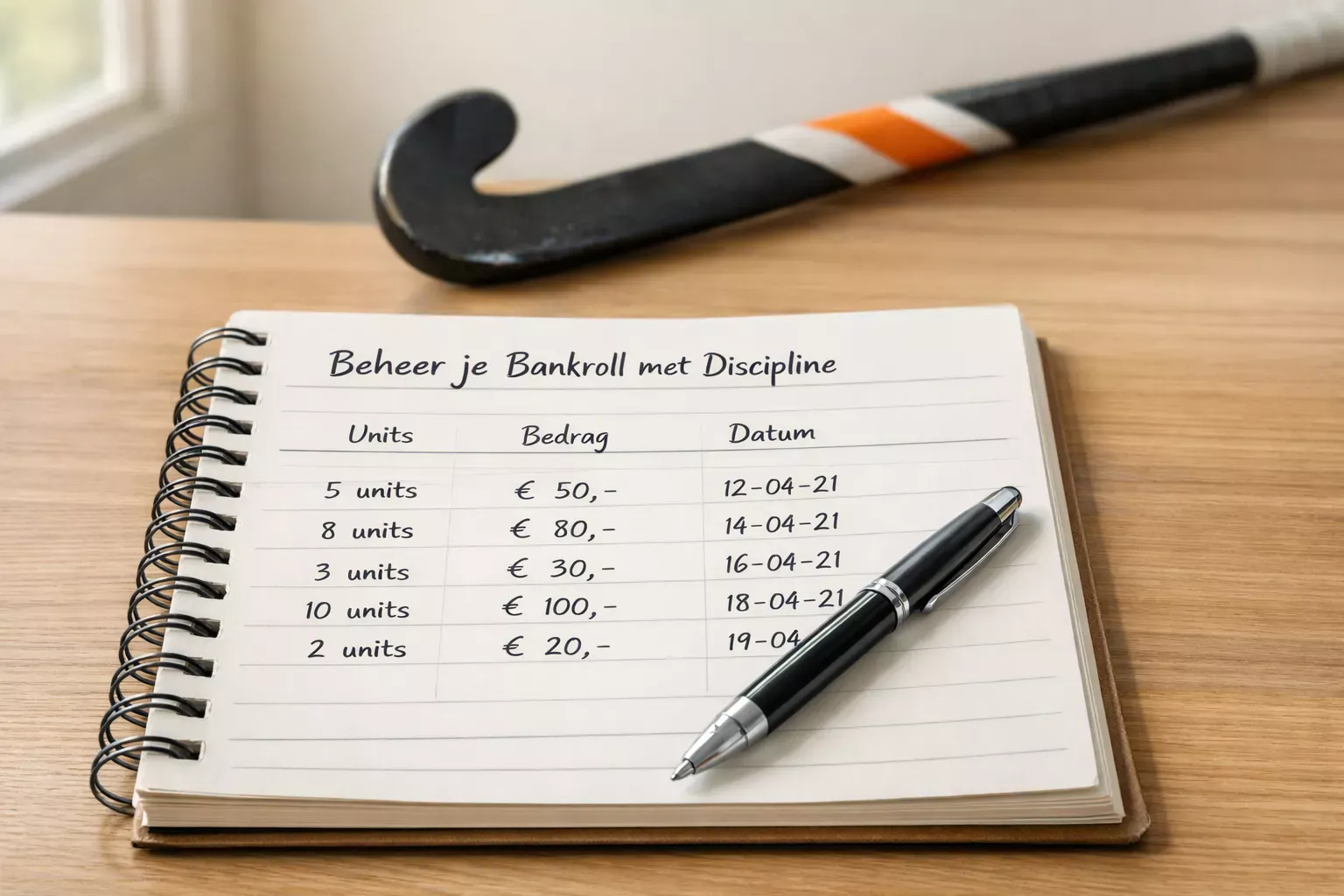 Notitieboek met gestructureerd budgetoverzicht voor sportweddenschappen naast een hockeystick