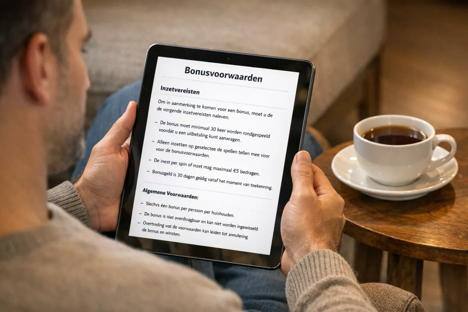 Persoon leest voorwaarden op een tablet met een kop thee ernaast