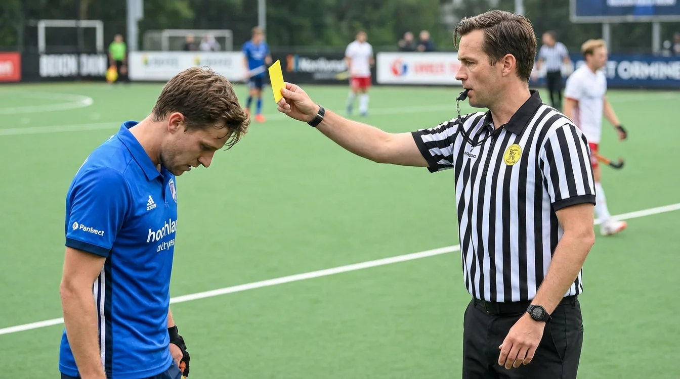 Hockeyarbieter toont kaart aan speler tijdens wedstrijd