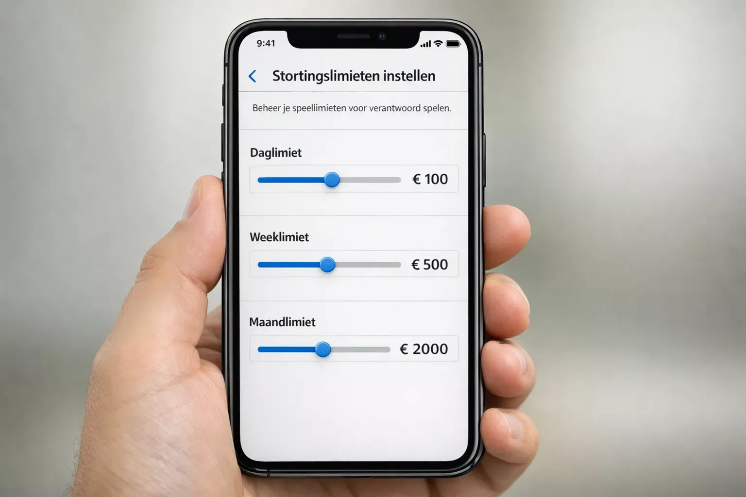 Telefoonscherm met ingestelde stortingslimieten bij een bookmaker