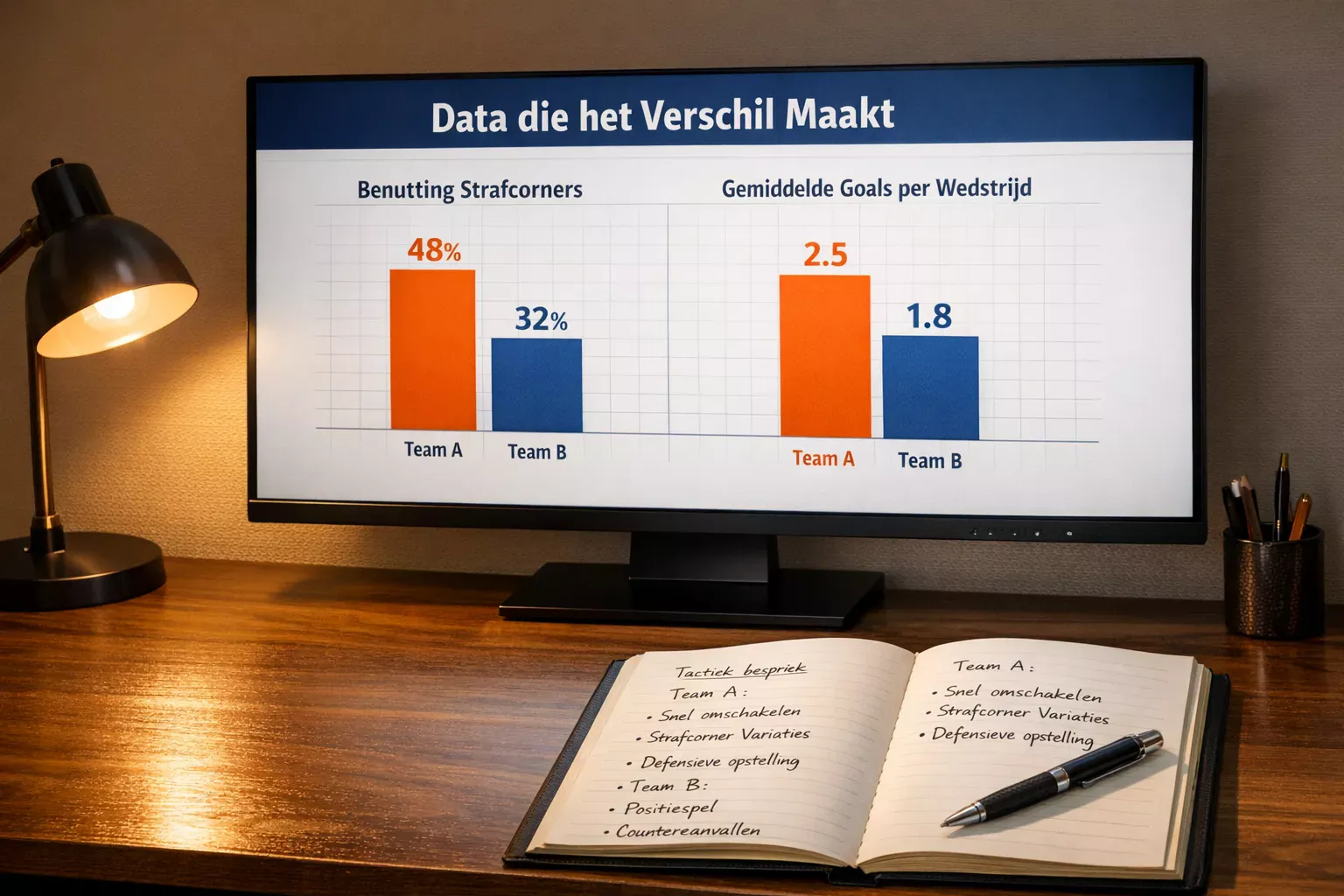 Beeldscherm met hockeystatistieken en grafieken naast een notitieboek