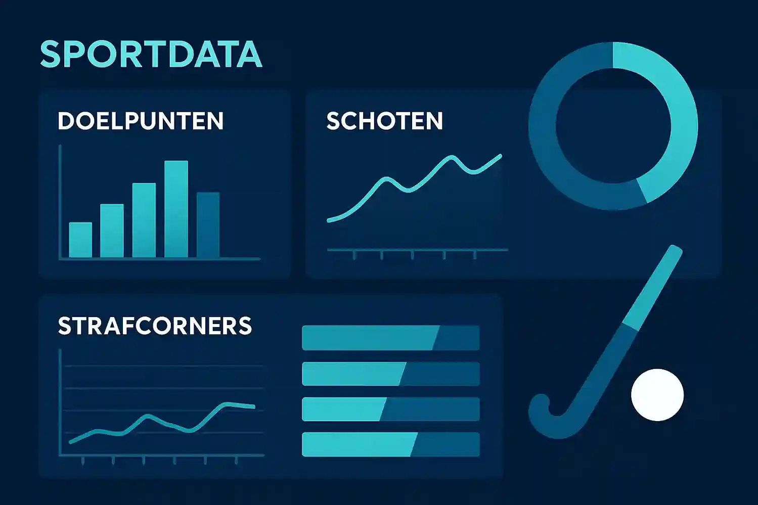 Sport analytics dashboard met grafieken en hockey prestatie statistieken voor doelpunten en strafcorners