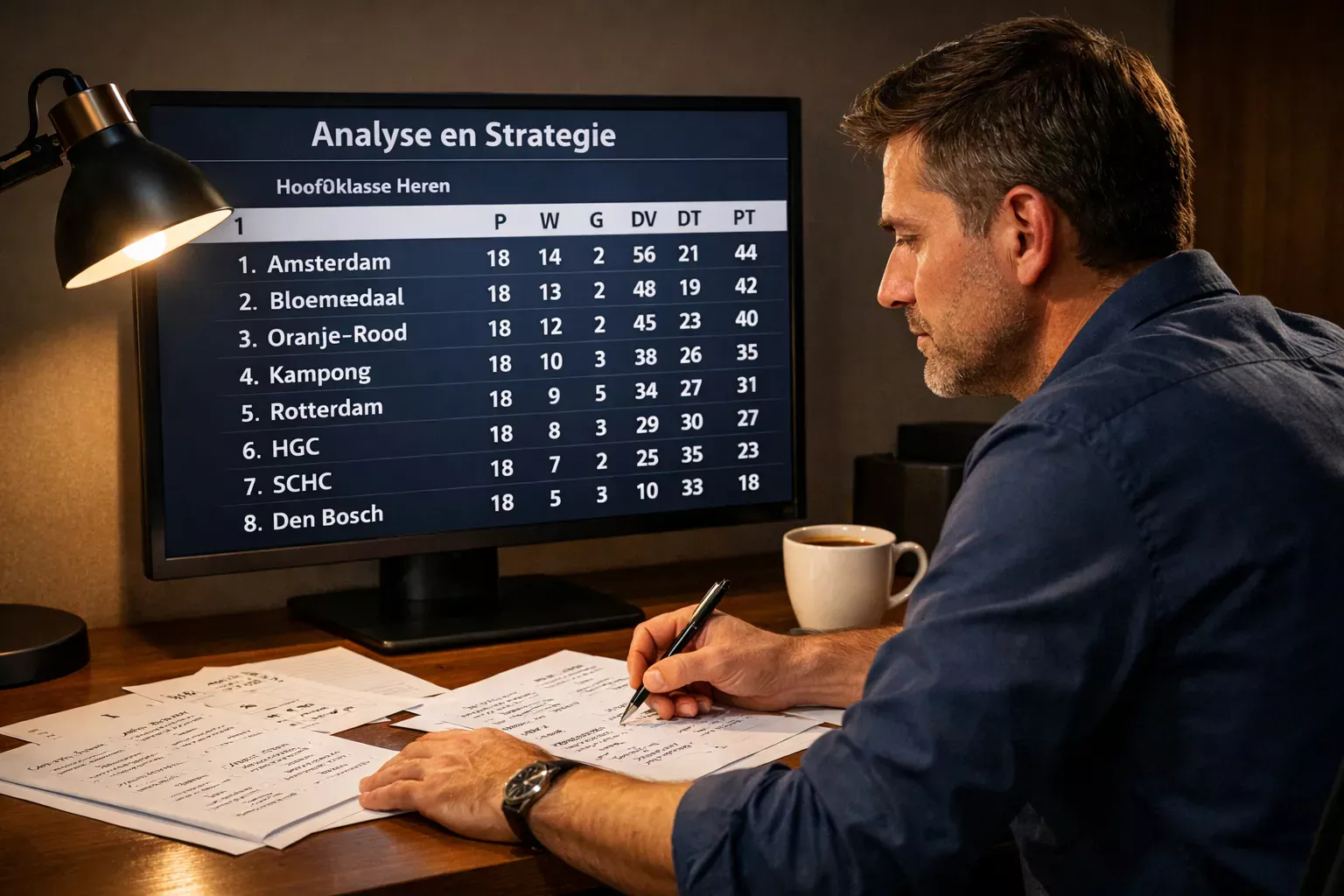 Bureau met hockeyanalyse op een beeldscherm en aantekeningen op papier