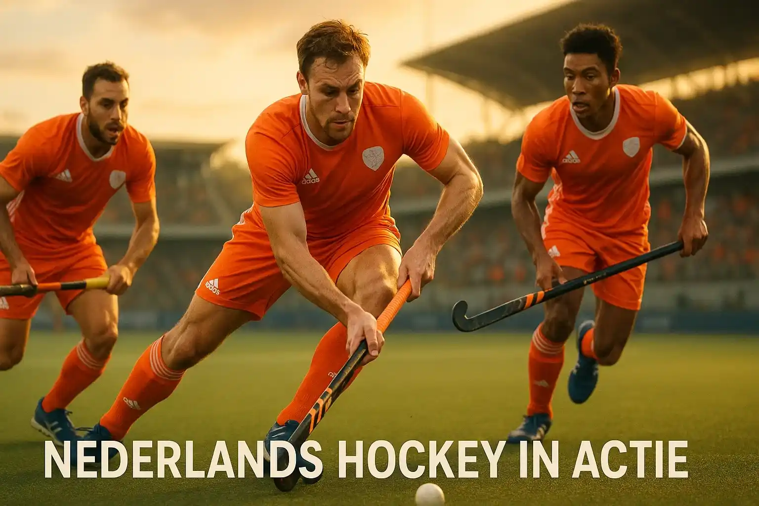 Nederlandse hockeyspelers in actie tijdens een professionele veldhockeywedstrijd op kunstgras