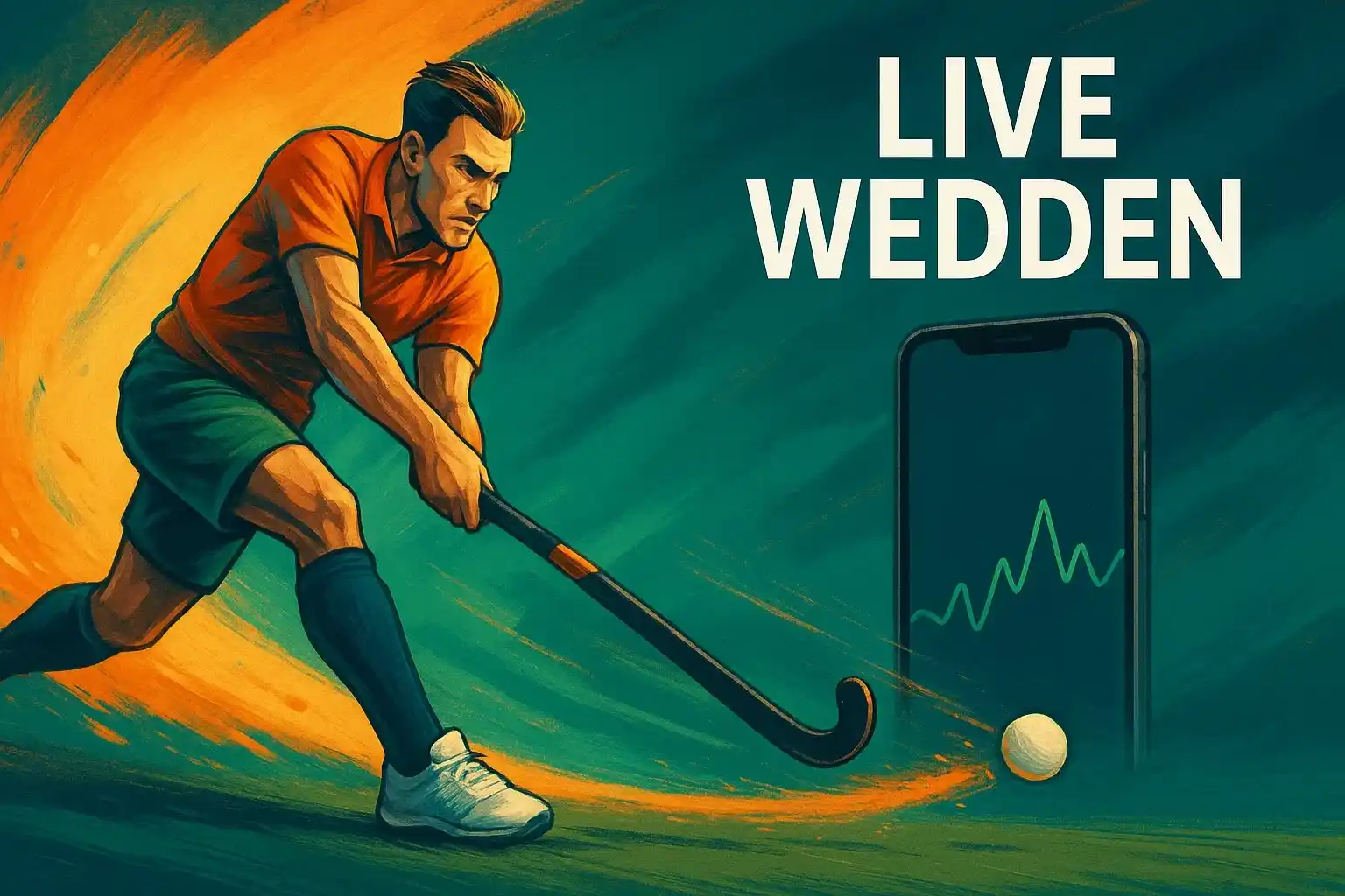 Live wedden op hockey in Nederland - dynamische sfeer tijdens een veldhockeywedstrijd met een smartphone die een live betting app toont.