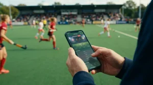 Mobiel wedden op hockey via je smartphone - handen die een telefoon vasthouden met een hockeywedstrijd en een geopende weddenschap