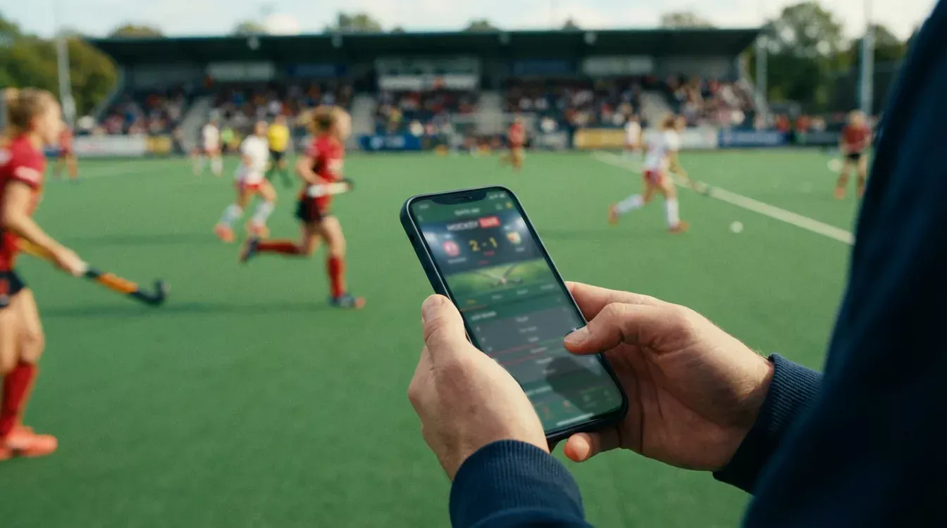 Mobiel wedden op hockey via je smartphone - handen die een telefoon vasthouden met een hockeywedstrijd en een geopende weddenschap