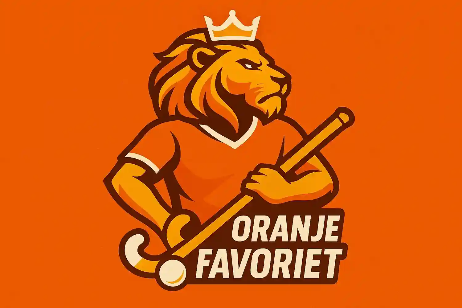 Nederlandse leeuw symbool gecombineerd met hockey elementen en oranje shirt met kroon