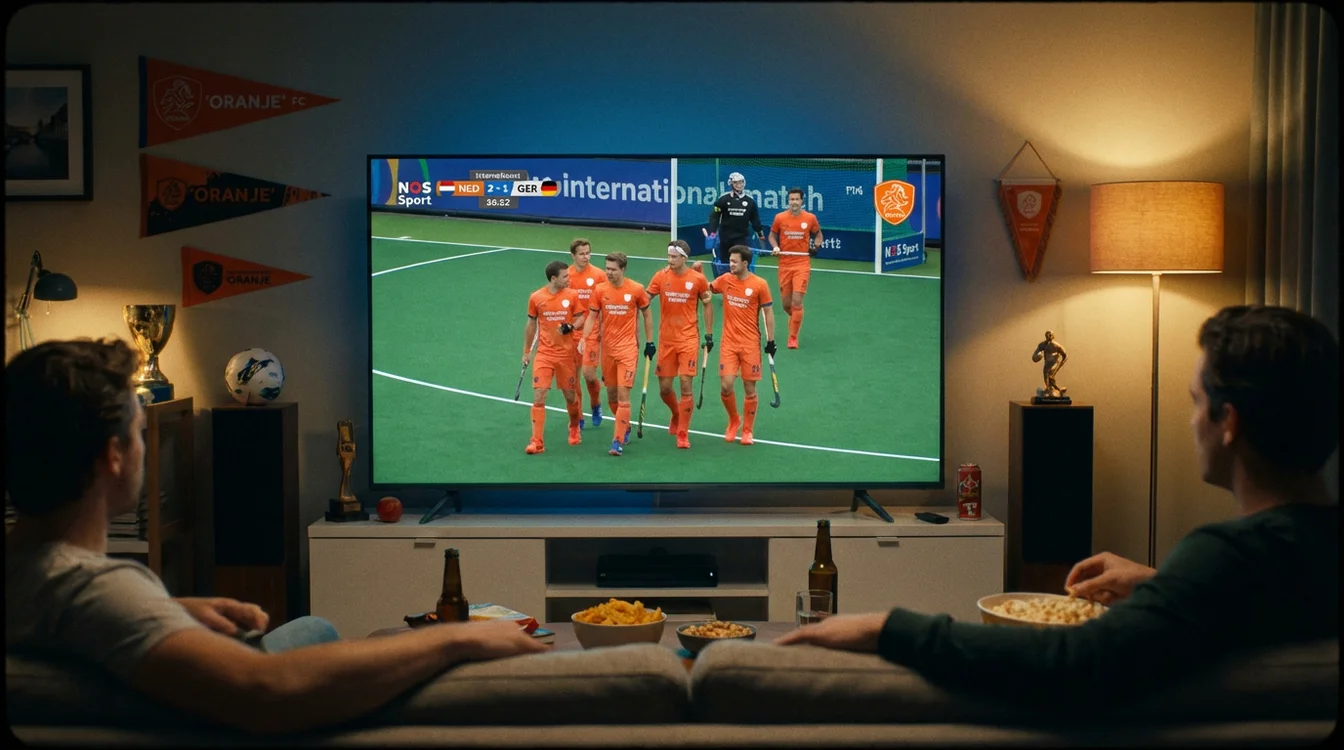 Nederlands hockeyteam in oranje tenue tijdens internationale wedstrijd op televisie