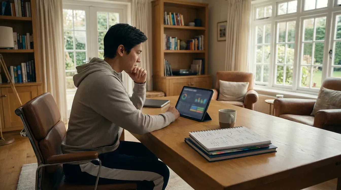 Persoon bereidt zich voor op sportevenement met tablet en aantekeningen