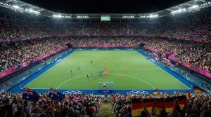 Wedden op Olympisch hockey - iconische ringen en een hockeyer in actie op het hoogste niveau, strijdend voor goud