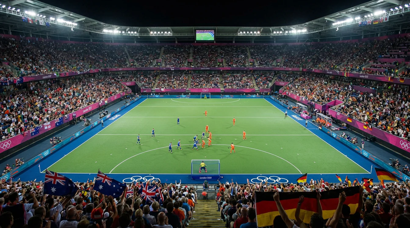 Wedden op Olympisch hockey - iconische ringen en een hockeyer in actie op het hoogste niveau, strijdend voor goud