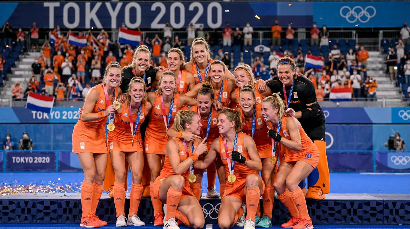 Nederlands hockeyteam viert olympische overwinning met medailles