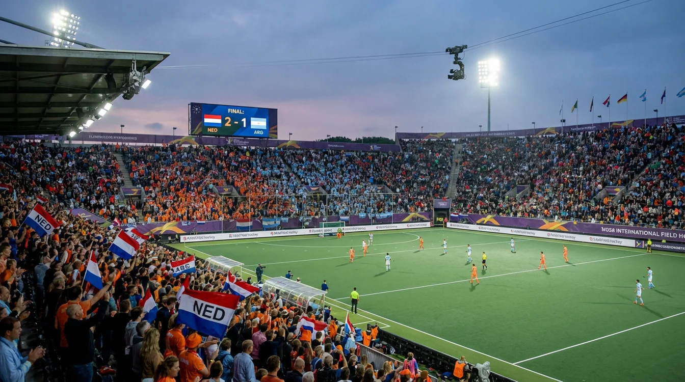 Internationale hockeywedstrijd tijdens groot toernooi met volle tribunes