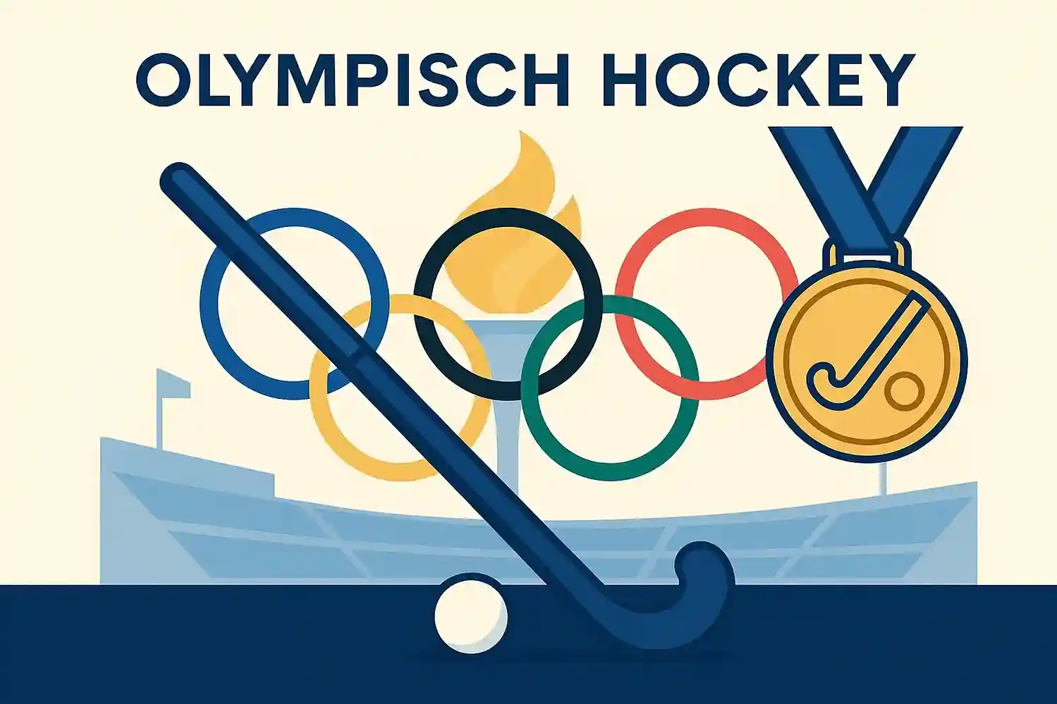 Olympische ringen met hockeystick en bal, stadion silhouet met olympische vlam en gouden medaille