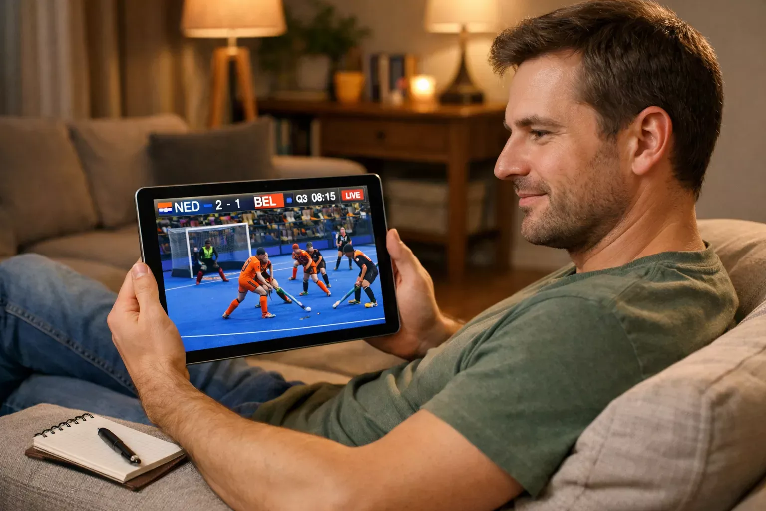 Persoon kijkt naar een hockeywedstrijd op een tablet met notitieblok ernaast