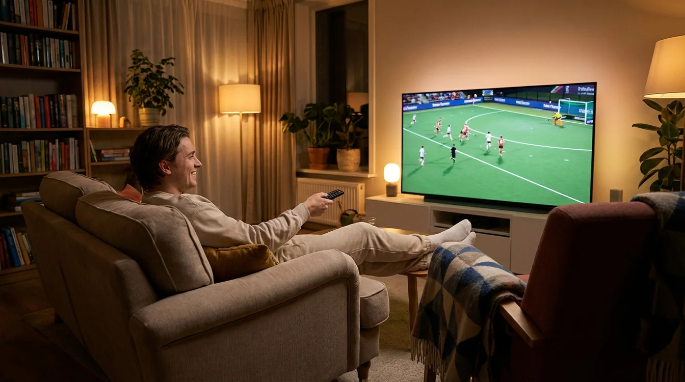 Persoon bekijkt hockeywedstrijd op televisie in ontspannen setting