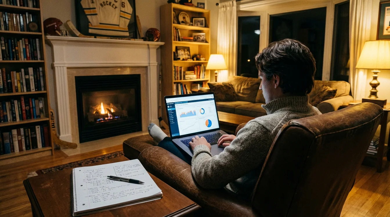 Persoon analyseert hockeystatistieken op laptop in huiskamer