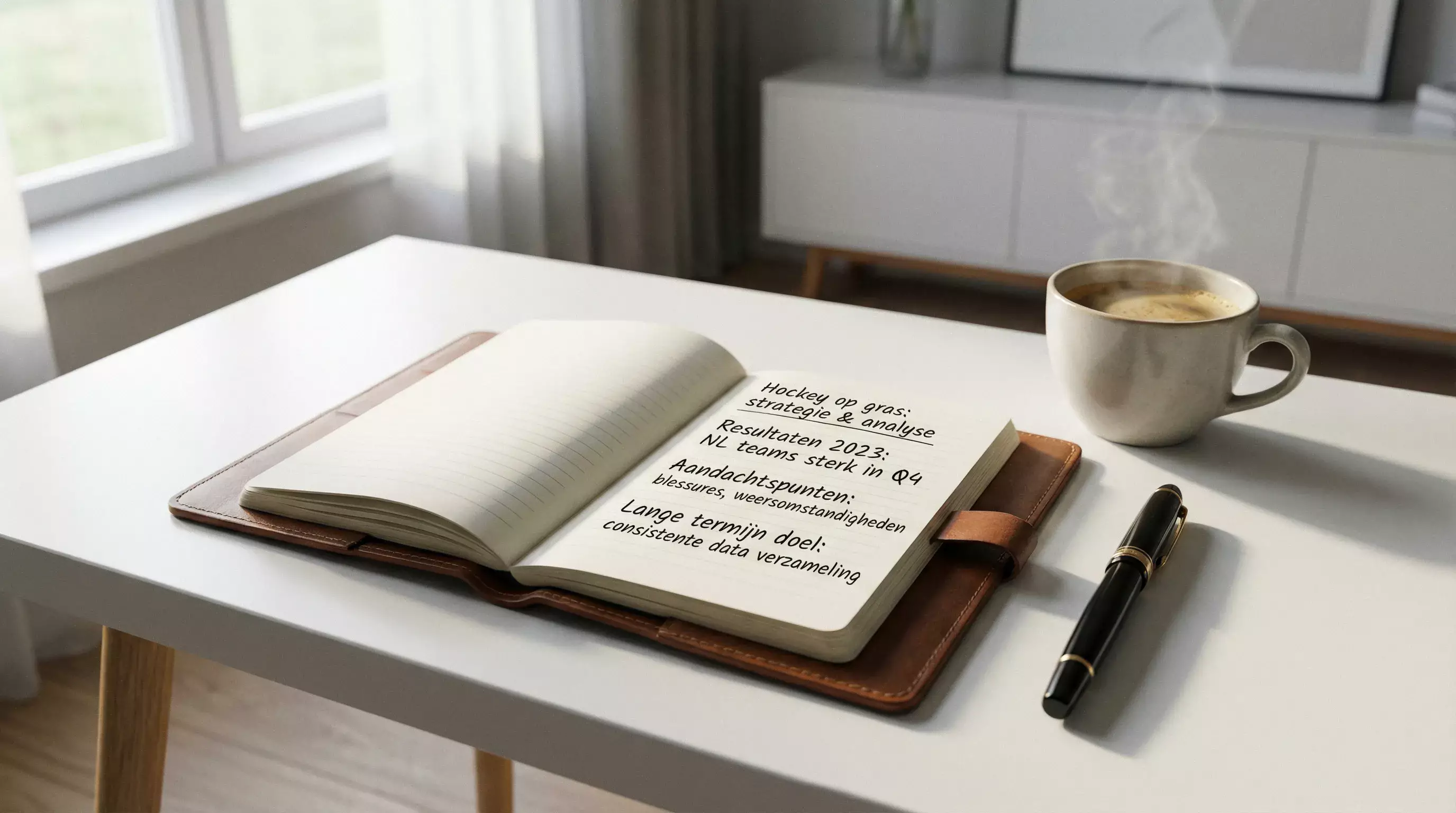 Bureau met notitieboek en pen voor het bijhouden van weddenschappen