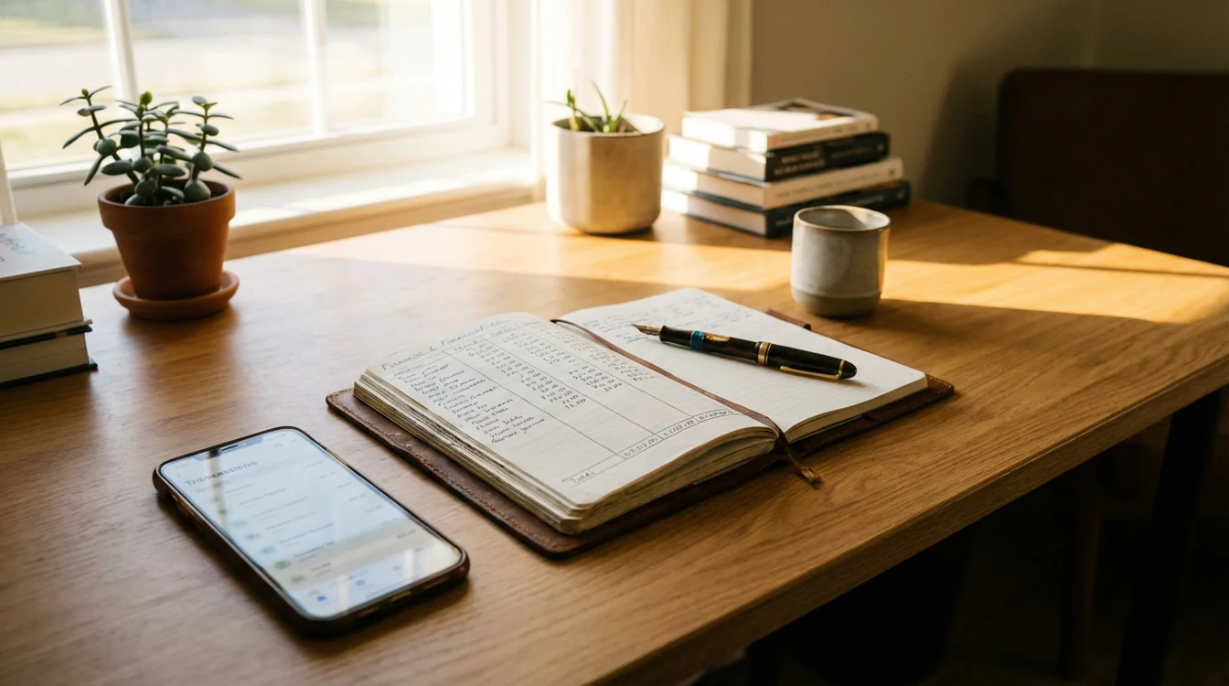 Notitieboek met pen voor het bijhouden van financiële administratie