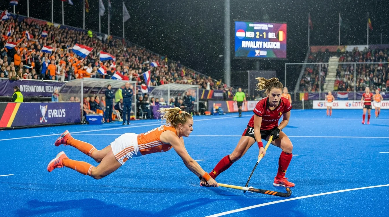 Nederlandse en Belgische hockeyteams in actie tijdens internationale wedstrijd