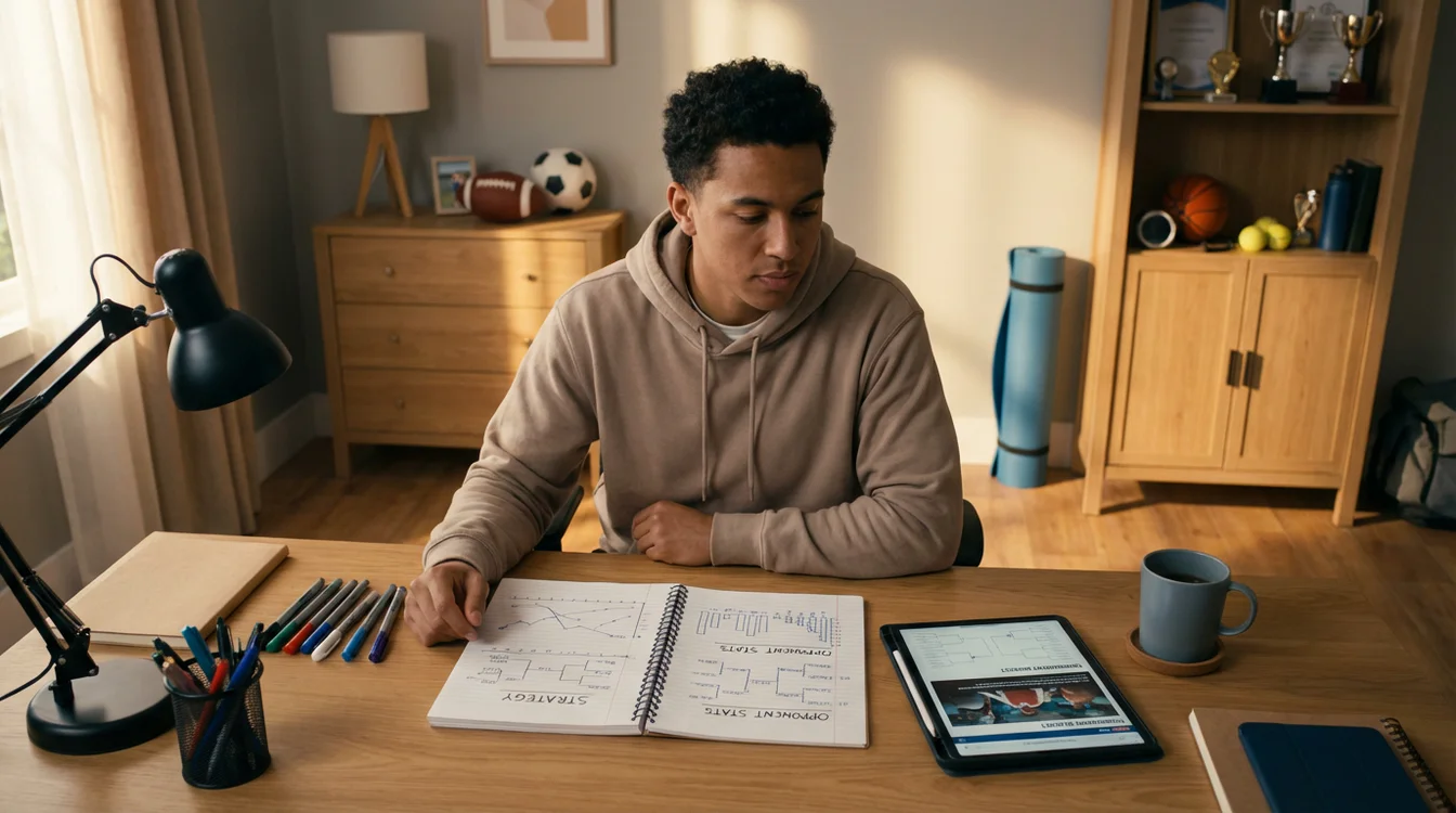 Persoon bereidt zich voor met tablet en notities voor sporttoernooi